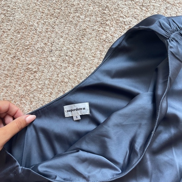 Super down Eileen Blue Satin Crop Top One Shoulder - Picture 6 of 8